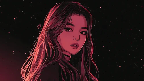 Female portrait illustration under red-tinted star field.