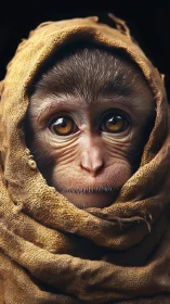 Young monkey wrapped in textured brown cloth portrait.