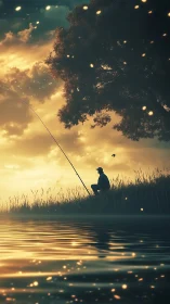 Quiet golden evening with a lone fisherman by the lake.