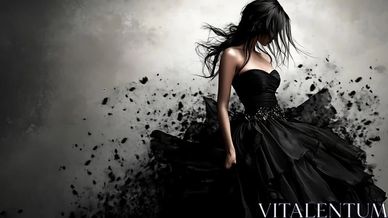 Dark-haired woman in dissolving black gown embodies stormy elegance
