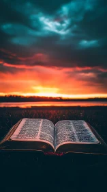 Open Bible glows against vivid sunset sky over still water.