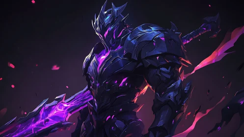 Midnight armored warrior glows with fierce violet power