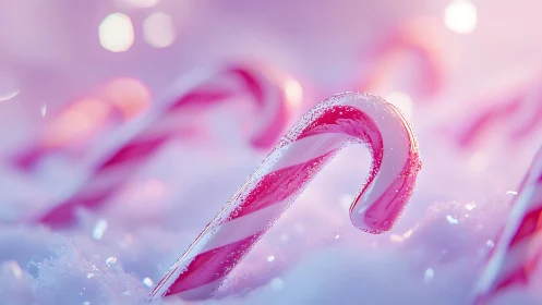 Frosted Pink Candy Canes Glistening in Soft Winter Wonderland Light