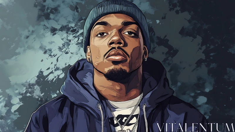 Digital portrait of man in beanie and hoodie on abstract background.