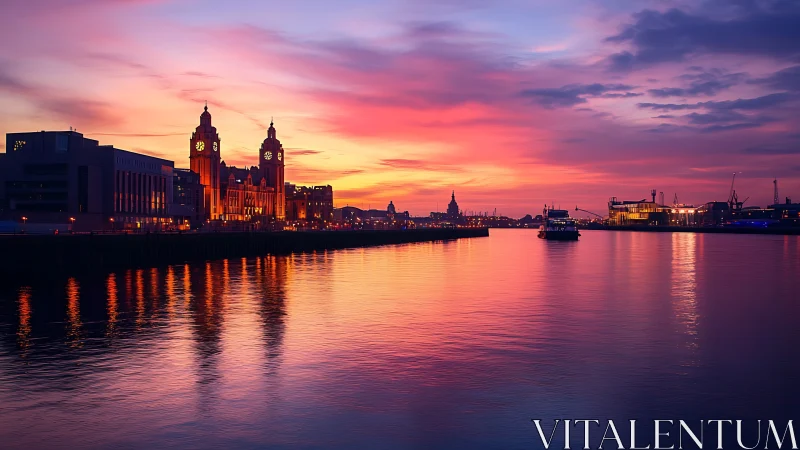 Harbor sunset glow over quiet city clocks and calm water.