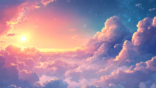 Digital painting sunset skyscape with luminous cloud architecture.