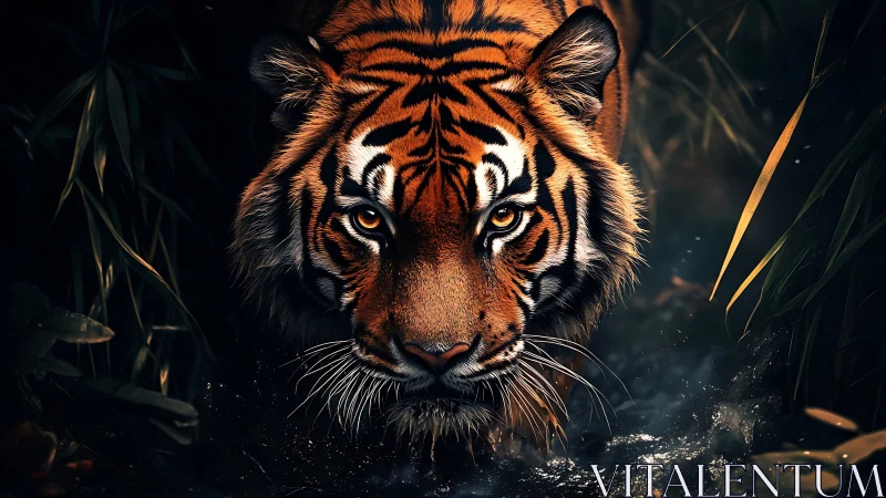 Tiger emerges from shadowed jungle stream in fierce focus.