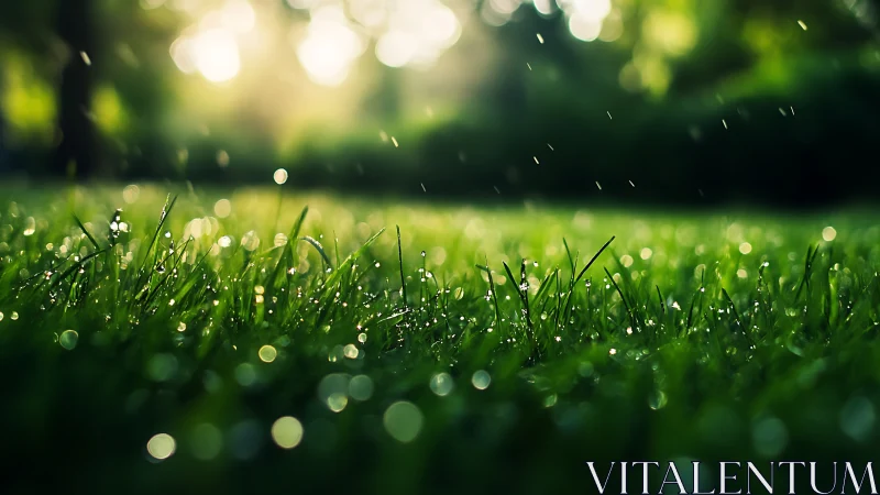 Macro optical study of dew-laden grass under soft bokeh light.