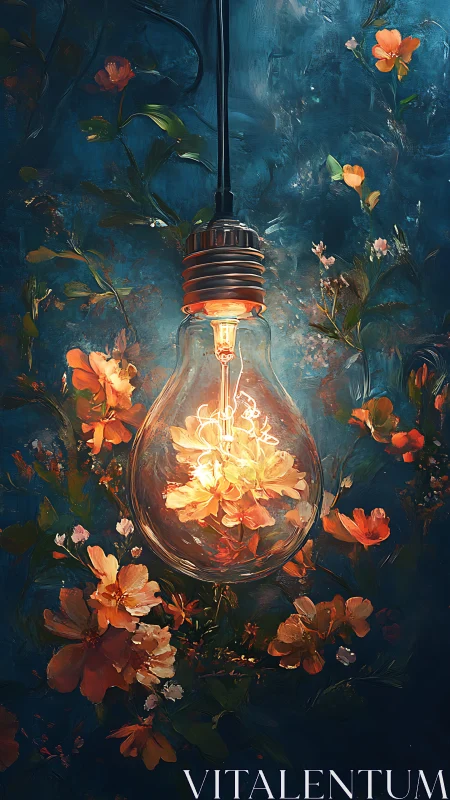 Hanging bulb encloses illuminated floral elements in frame