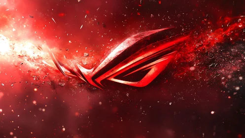 Shattered crimson emblem exploding through cosmic dust.