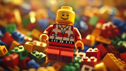 Smiling toy figure stands among colorful plastic bricks.