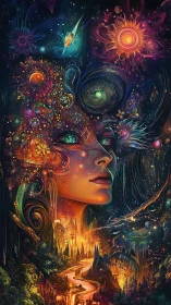 Female profile merges with cosmic nebula and glowing landscape