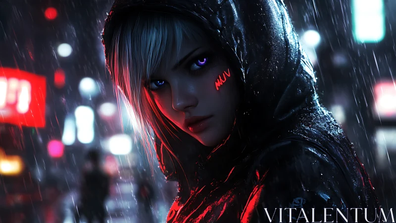 Cyberpunk hooded woman studies neon city through rain