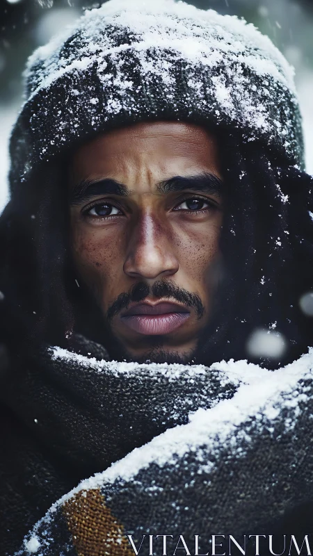 Close-range snowbound portrait with hyperreal facial detail.