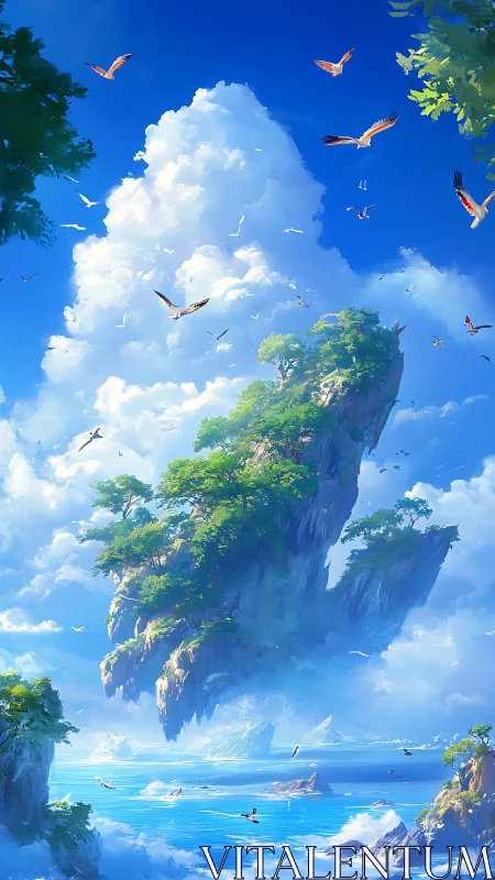 Floating Island Paradise: Suspended Landmass Above Turquoise Seascape with Soaring Birds