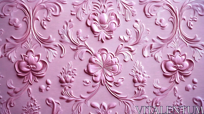 Ornate pink floral relief wallpaper in high sculpted detail.