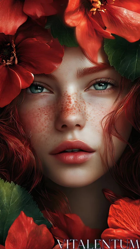 Freckled flame muse crowned in crimson blossom thunder.