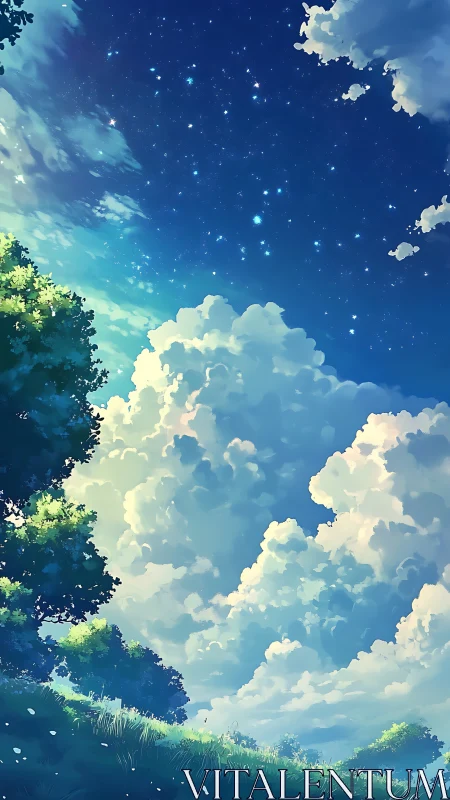 Night sky transitions over bright cumulus clouds and trees