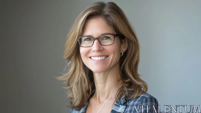 Professional woman with glasses smiling in modern portrait style.