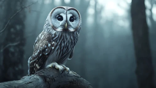 Barred owl perched on branch in misty forest, cinematic style.
