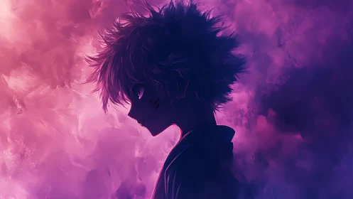 Brooding anime silhouette in neon violet storm clouds.