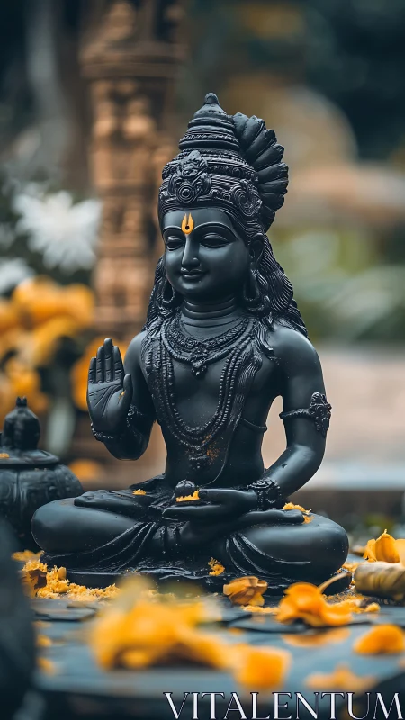 Black stone meditative deity statue with yellow petals.