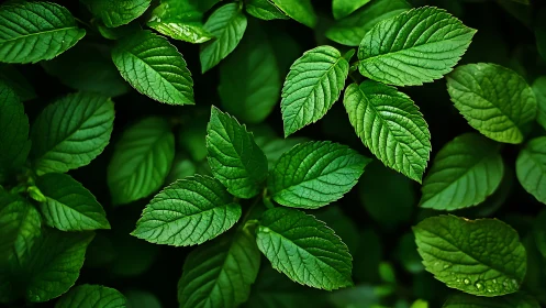 Lush green foliage with detailed leaf veins in soft light.