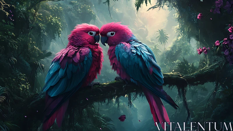 Two tropical parrots on mossy branch in dense rainforest.