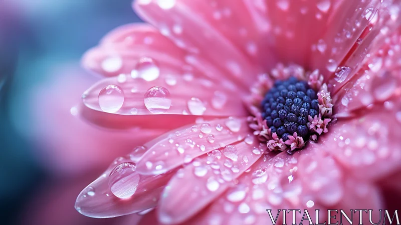 Pink daisy macro with dewdrops on petals and center.