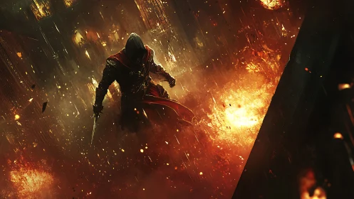 Hooded blade operative crossing incendiary urban corridor.