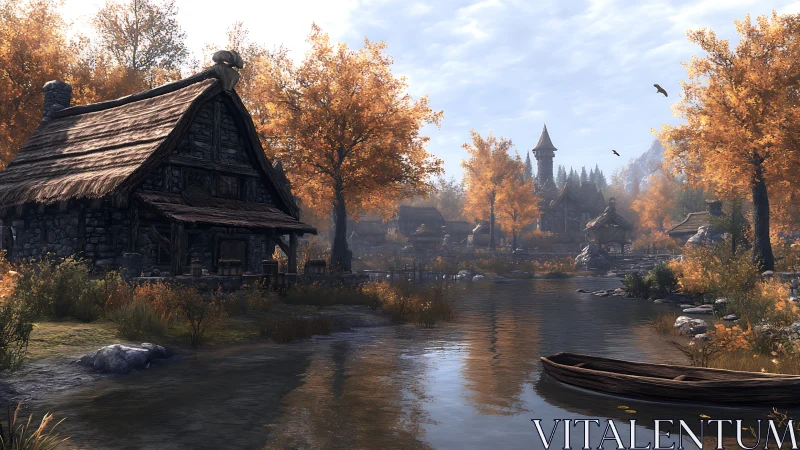 Cozy riverside cottage in golden autumn village calm.