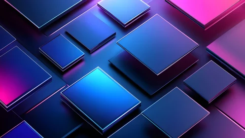 Geometric 3D squares with neon gradients in futuristic digital style.