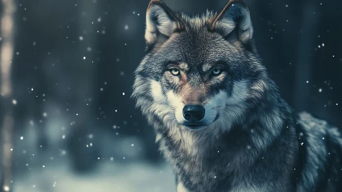 Photorealistic wolf portrait in shallow-depth winter field.