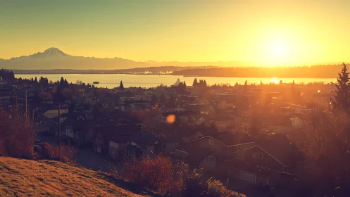 Sunlit suburban bay glows beneath distant snow-capped mountain.