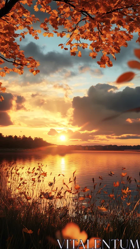 Autumn lake sunset with glowing clouds and golden foliage.