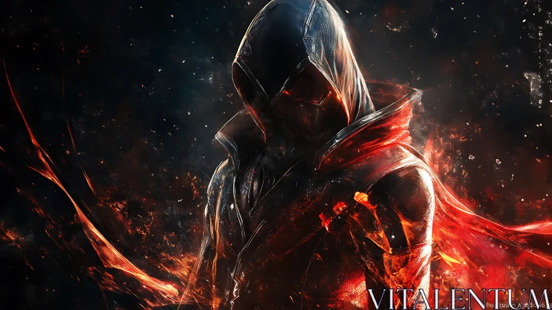 Hooded fireborn warrior emerging from burning shadows.