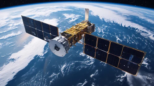 Solar-winged satellite gliding above swirling blue Earth.