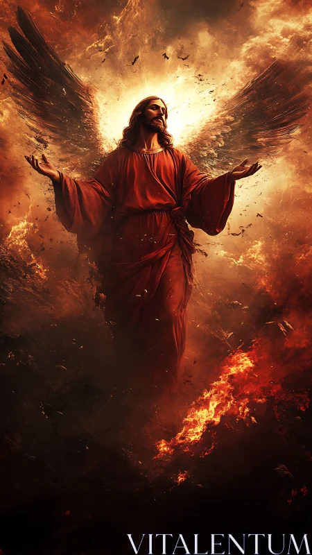 Fiery winged figure ascending amid storming embers and light.