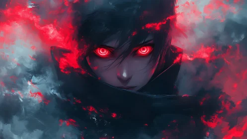 Intense red-eyed warrior emerging from swirling stormlight.