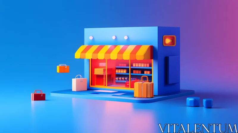 3D Illustration of Colorful Storefront with Shopping Bags in Modern Style.