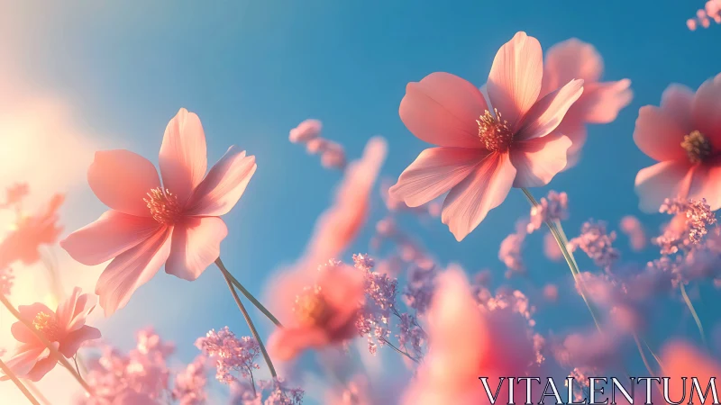 Pink cosmos flowers against blue sky at golden hour.