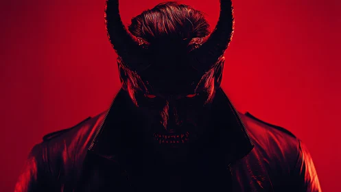 Demonic horned figure in red monochrome cinematic lighting.