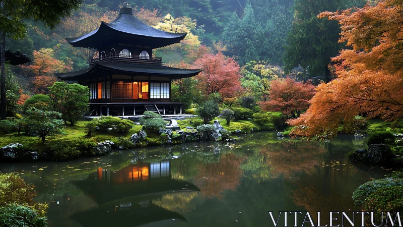 Serene Japanese pavilion mirrored in misty autumn pond.