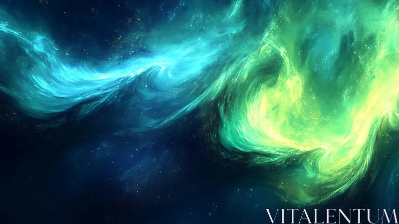 Nebulous teal and green energy forms in deep space field.