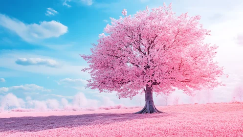 Blossoming pink tree stands in a dreamy pastel meadow landscape