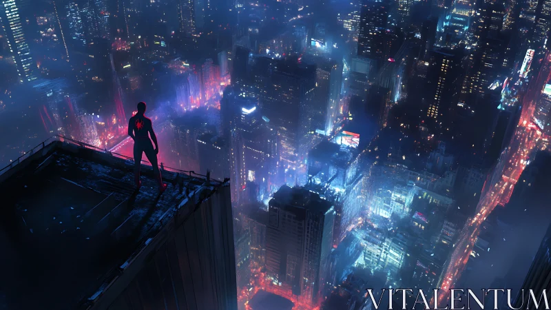 Lone masked hero overlooks neon city in midnight vigil