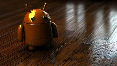 Shiny toy robot resting on a warmly polished wood floor.