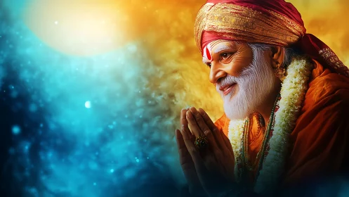 Digital portrait of elderly guru in orange robes with folded hands