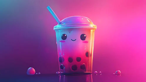 3D kawaii bubble tea cup under neon gradient lighting.