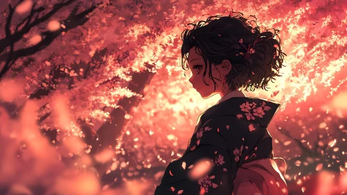 Cherry blossom dusk cradles a quiet girl in kimono reverie.